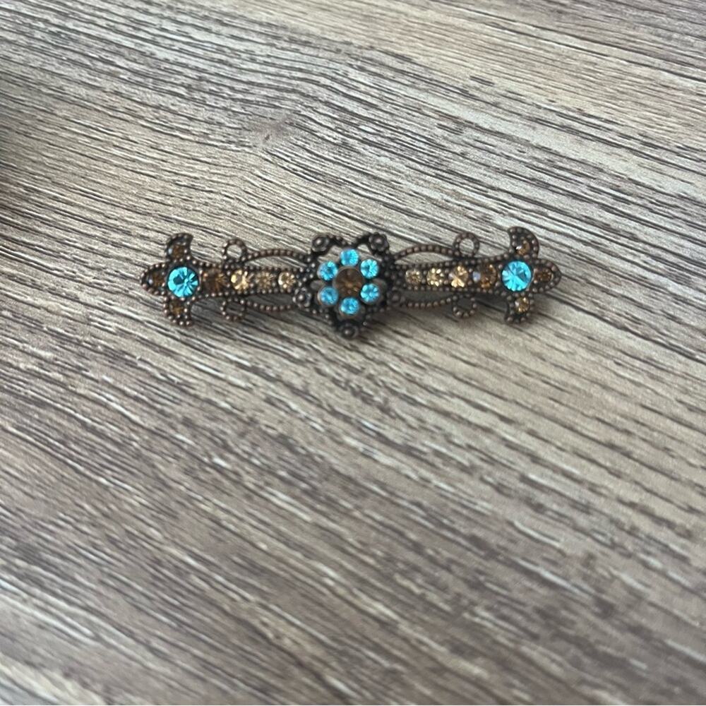 Vintage 90’s broach with rhinestone copper and blue 2 1/4 length